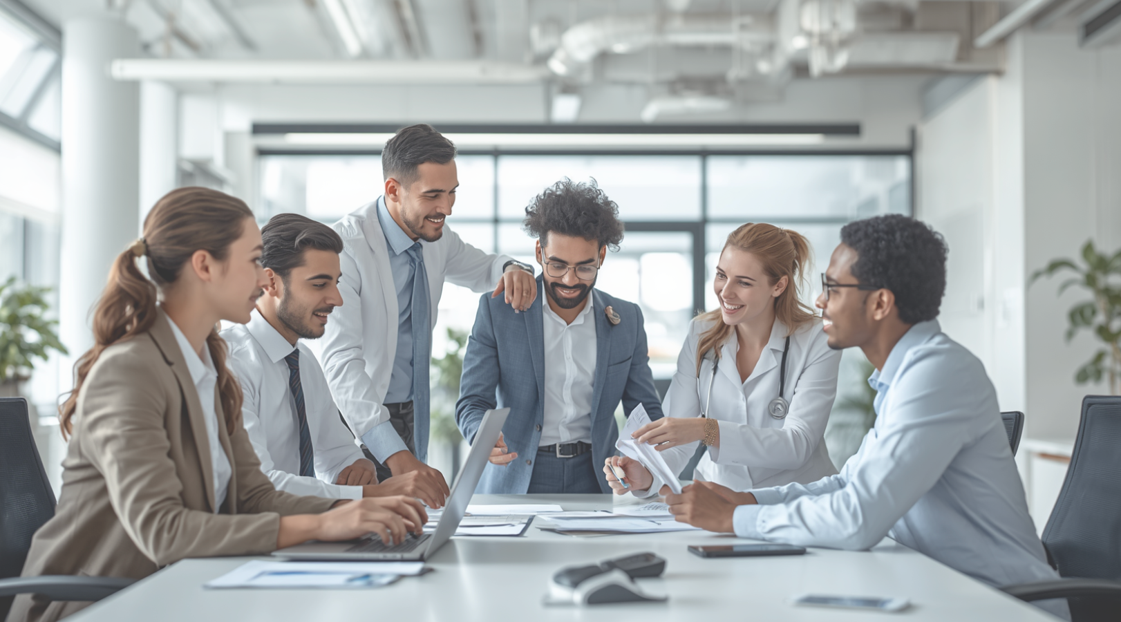 Professionals from different workplace disciplines collaborating around a table