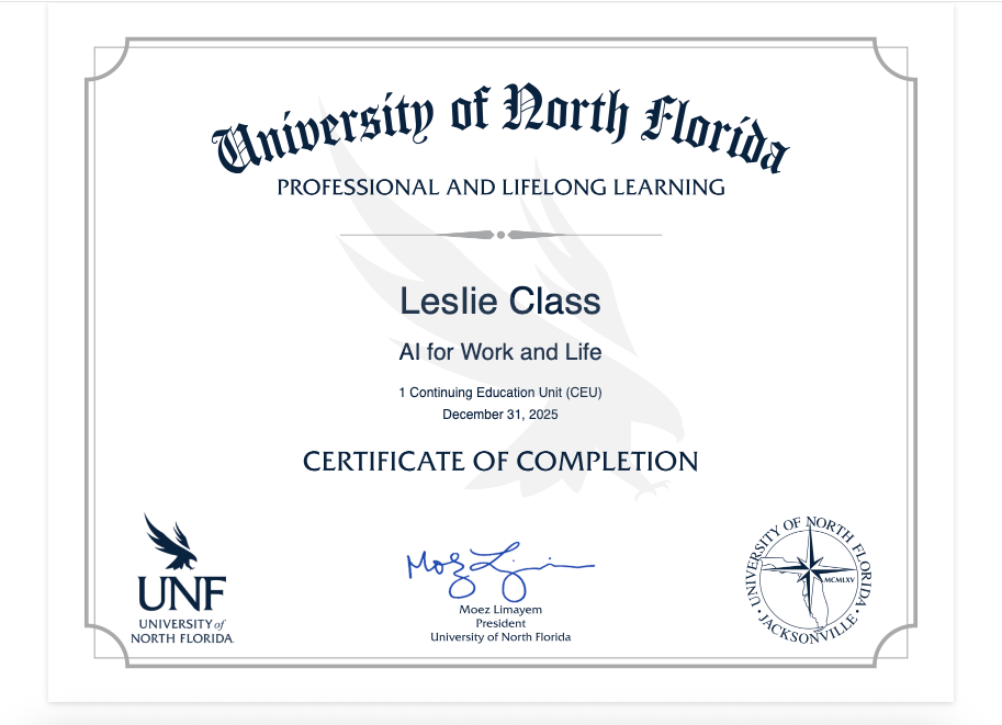 University of North Florida AI Work and Home Life certificate