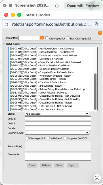 Pickup Status Codes