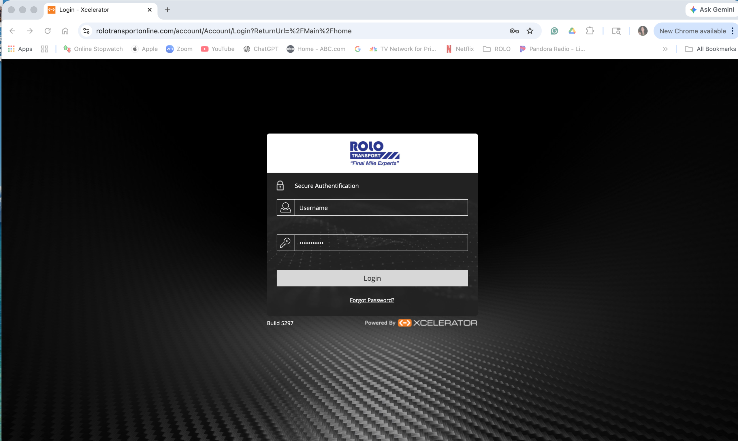Xcelerator login screen