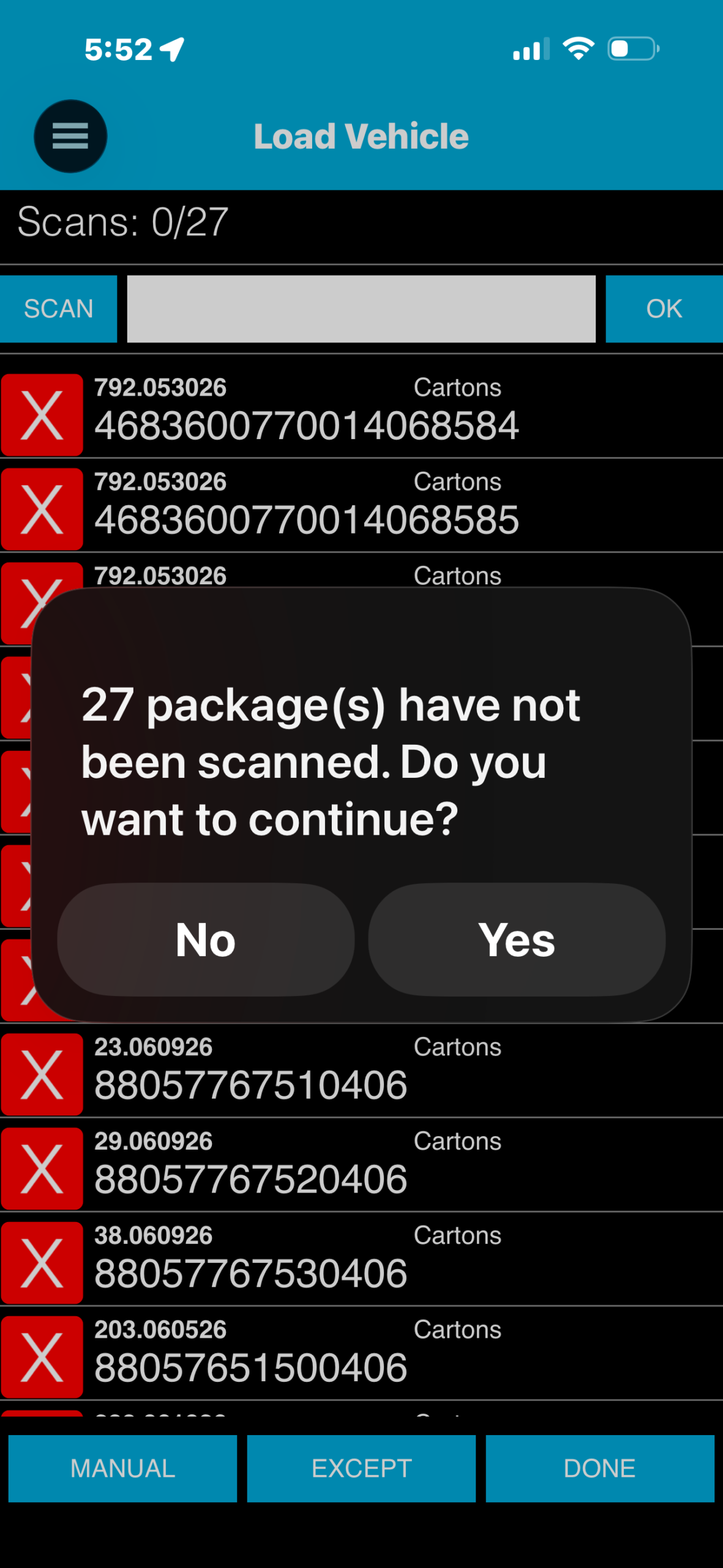 MobileTek Load Vehicle screen