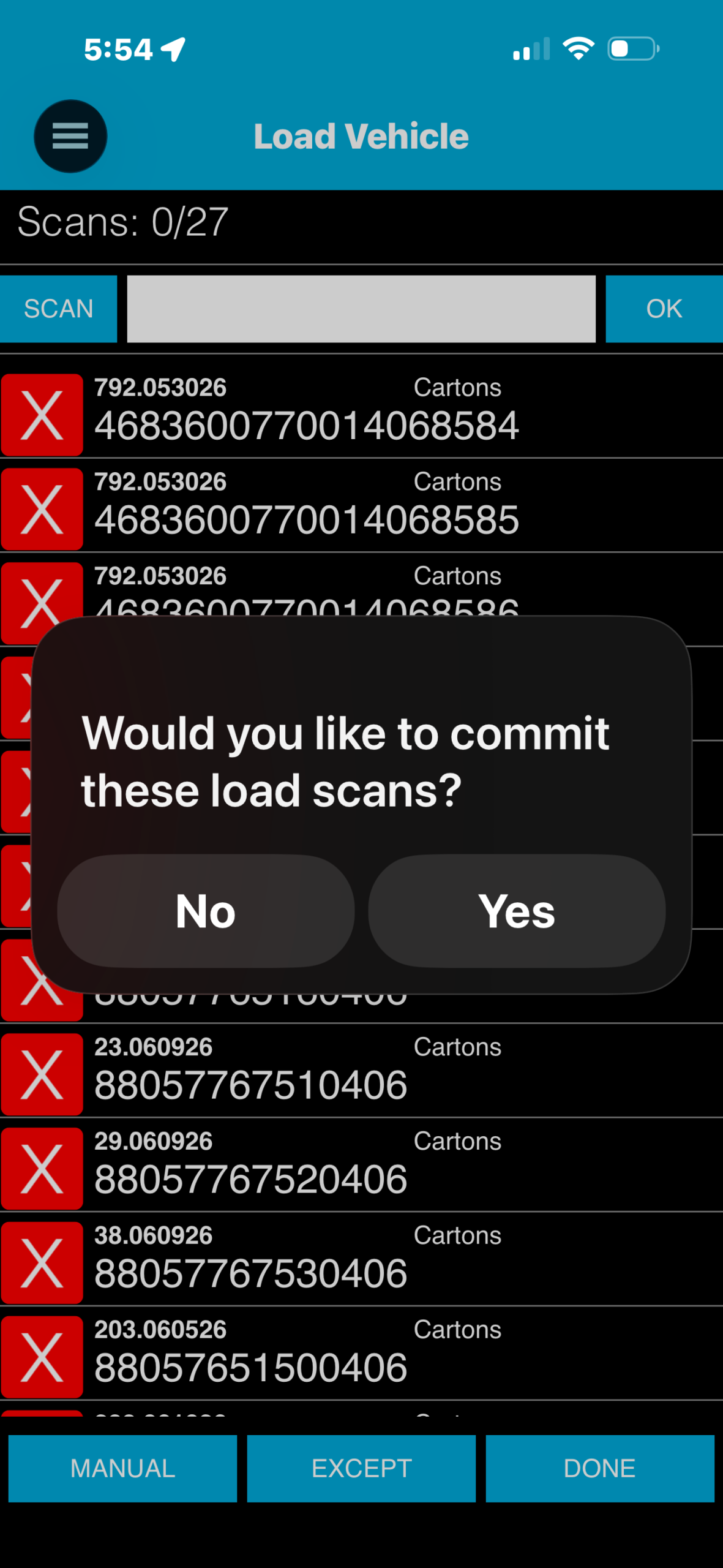 Commit load scans pop-up