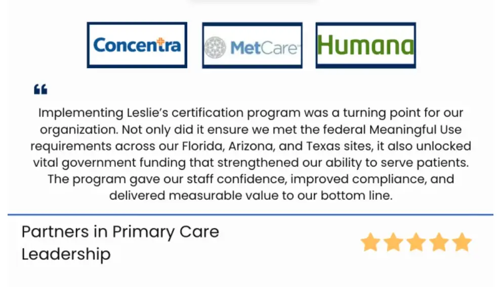 Organizational testimonial featuring Concentra, MetCare and Humana