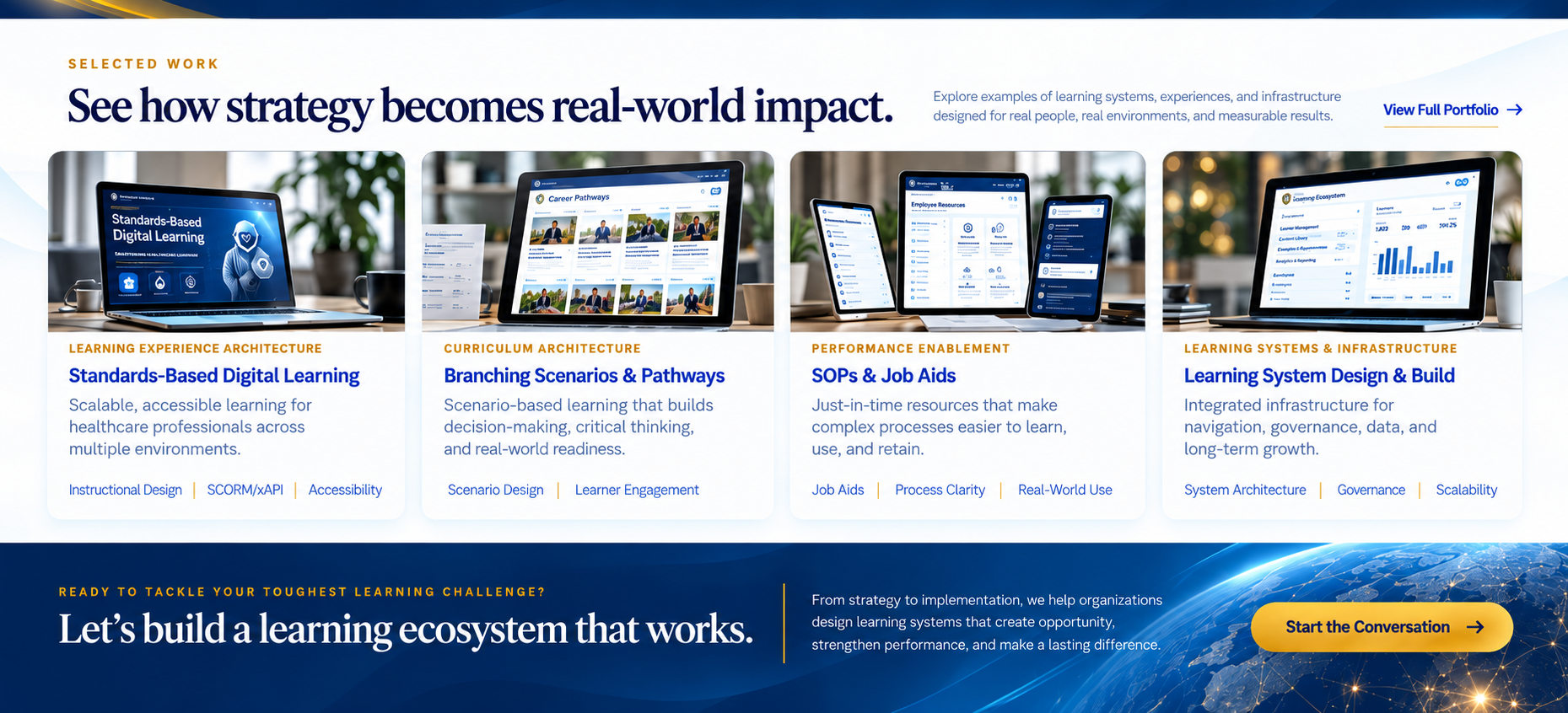 Selected LC Career Center work demonstrating digital learning, curriculum architecture, performance enablement, and learning systems infrastructure.