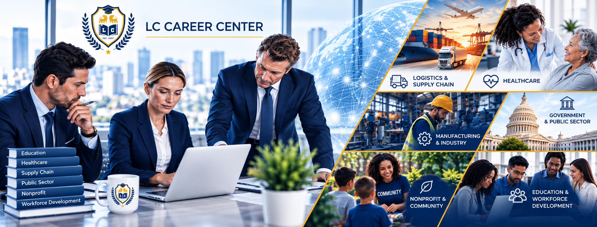 LC Career Center cross-industry solutions supporting logistics and supply chain, healthcare, manufacturing and industry, government and public sector, nonprofit and community organizations, education, and workforce development