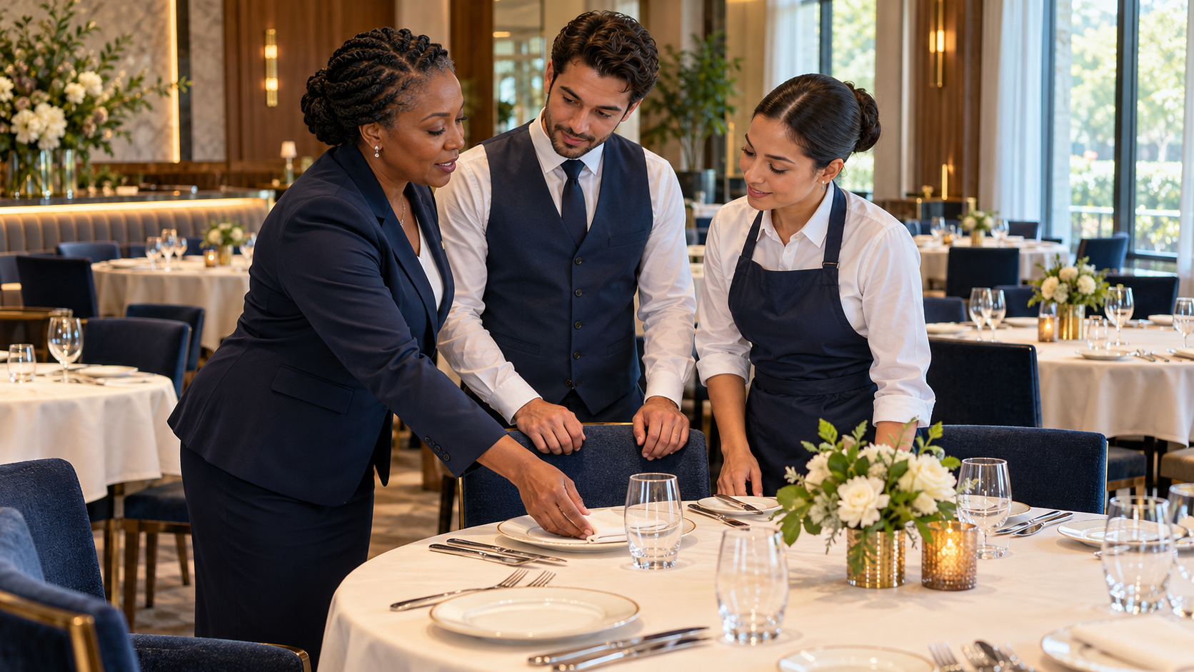 Hospitality supervisor coaching two colleagues on dining-room table setup